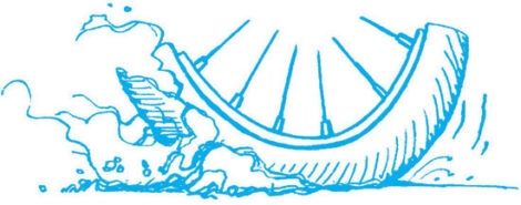 illustration of a bike tire kicking up dust on pavement